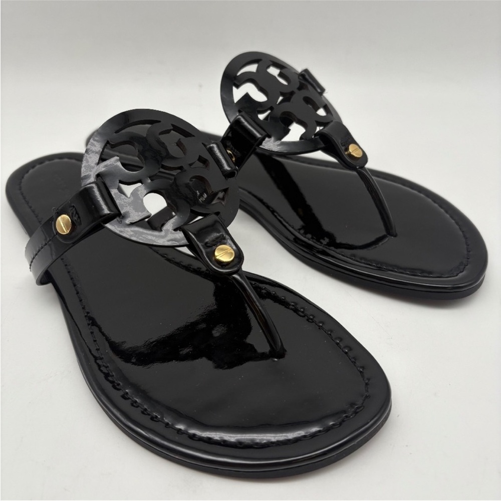 Tory Burch Miller logo sandals black patent leather